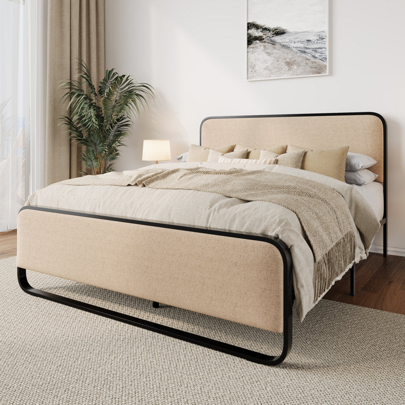 Hotel-style beige upholstered bed