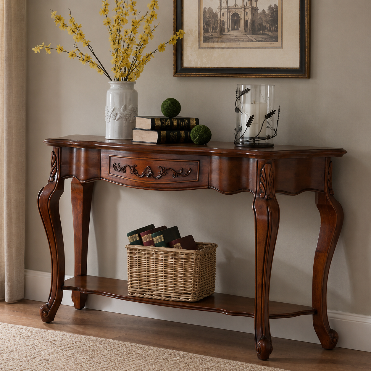Solid teak wood console table with drawer and shelf