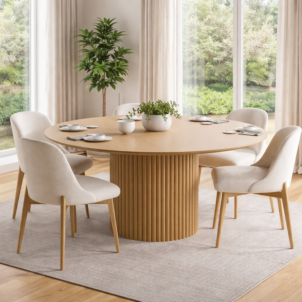 modern round dining table with wooden pedestal base