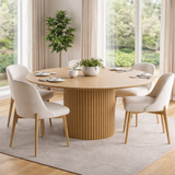 modern round dining table with wooden pedestal base