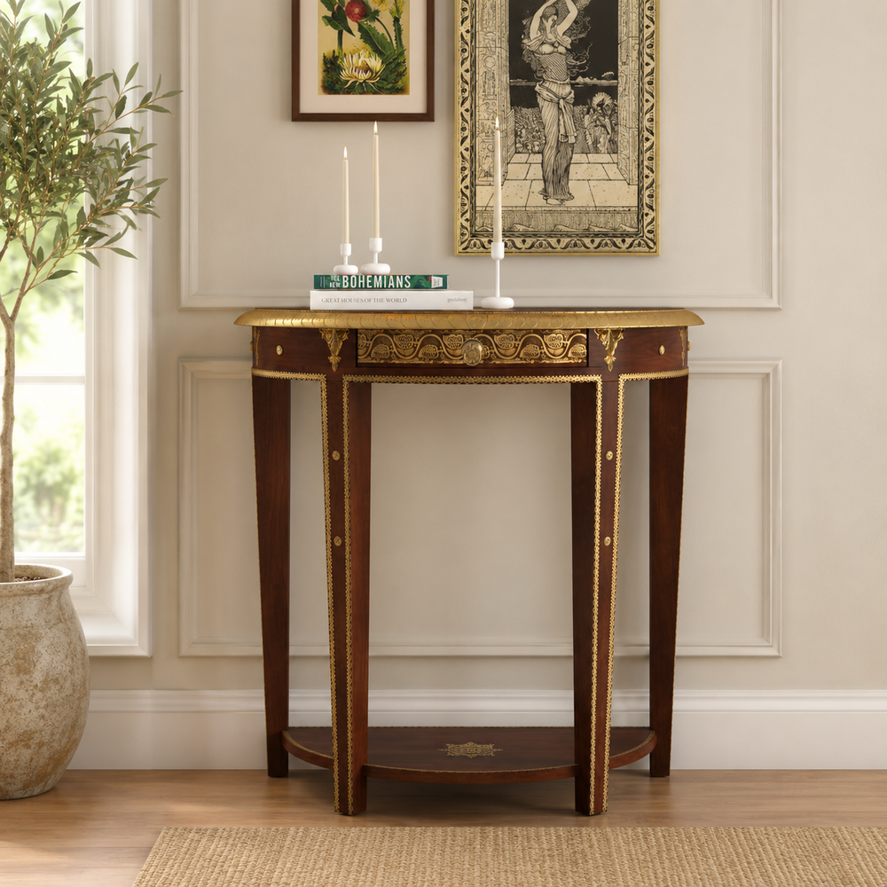 Royal teak wood console table with brass inlay detailing