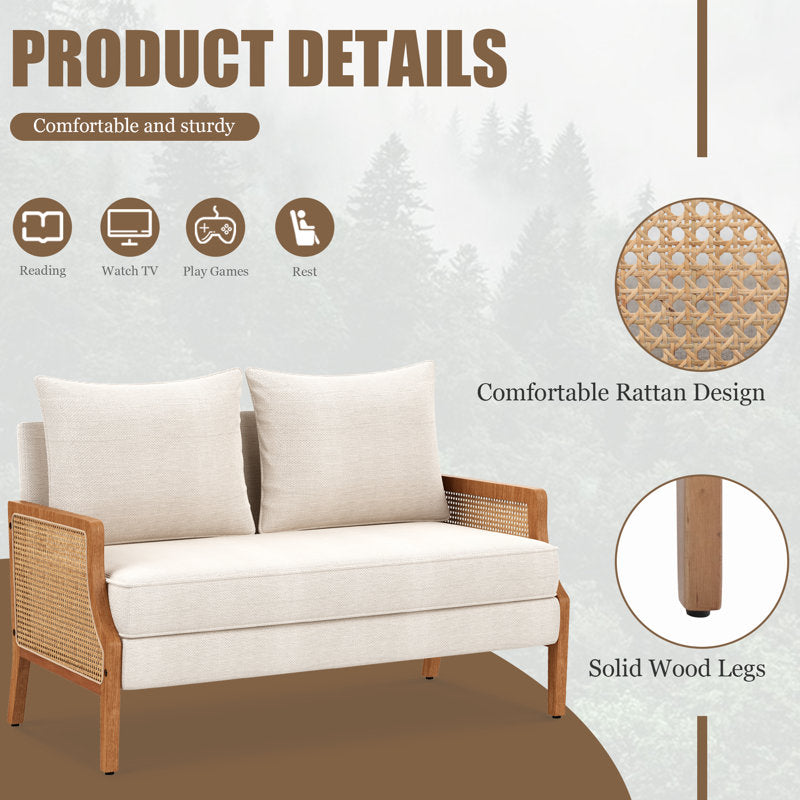Wooden cane arm loveseat with upholstered cushions