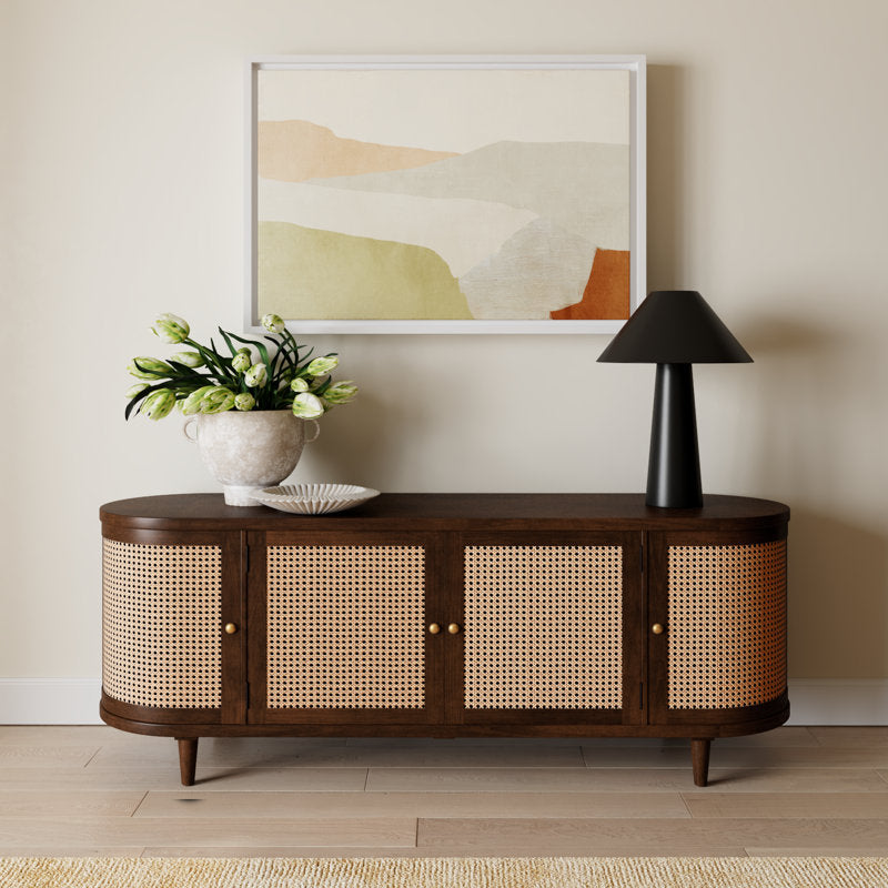Modern teak wood storage cabinet with woven cane doors