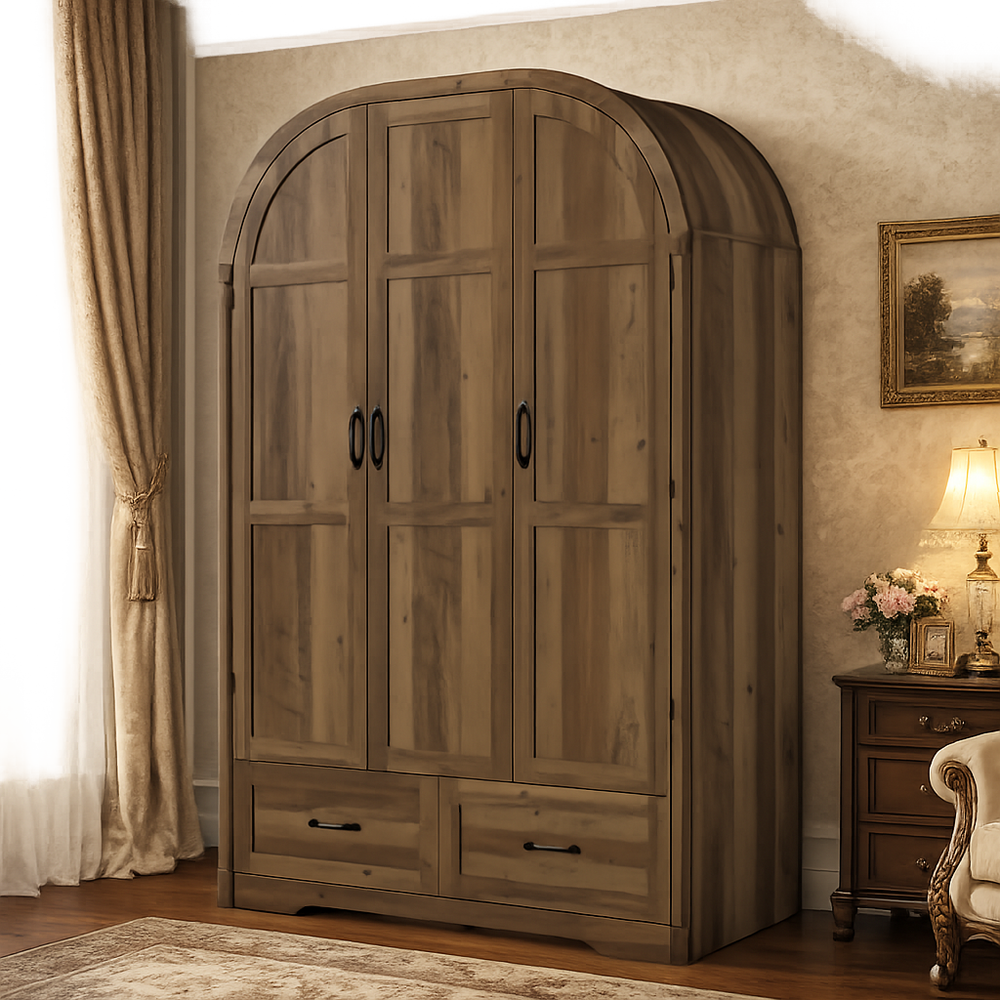 Solid teak wood 3 door wardrobe with drawers for bedroom storage