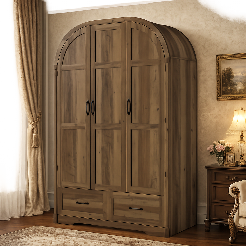 Solid teak wood 3 door wardrobe with drawers for bedroom storage