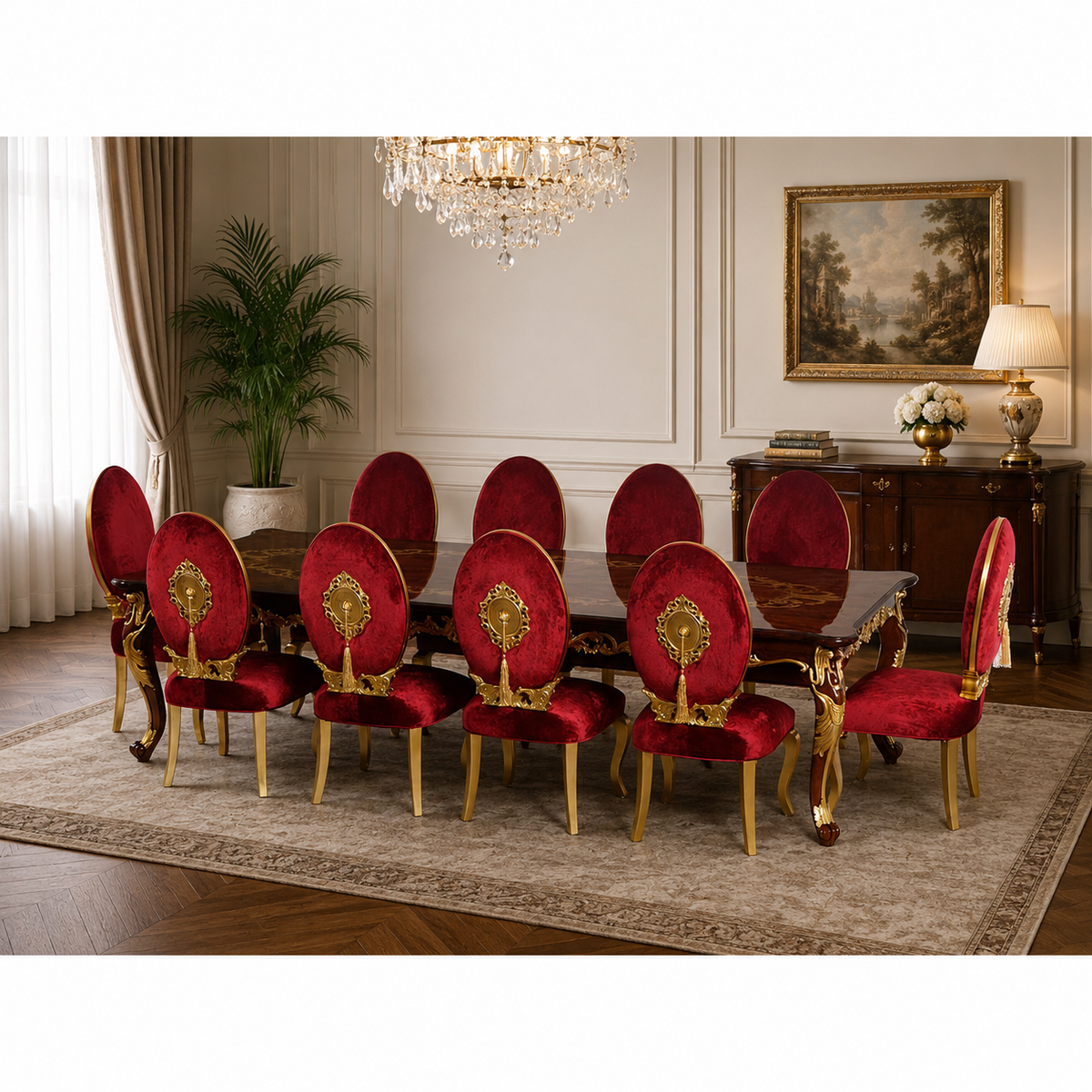 Luxury teak wood 10 seater royal dining table set with red velvet chairs