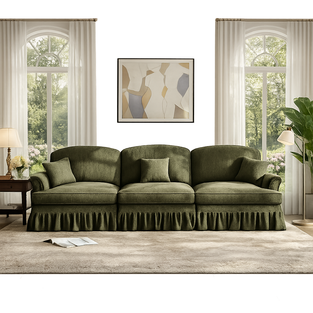 Luxury teak wood 3 seater sofa with olive green upholstery
