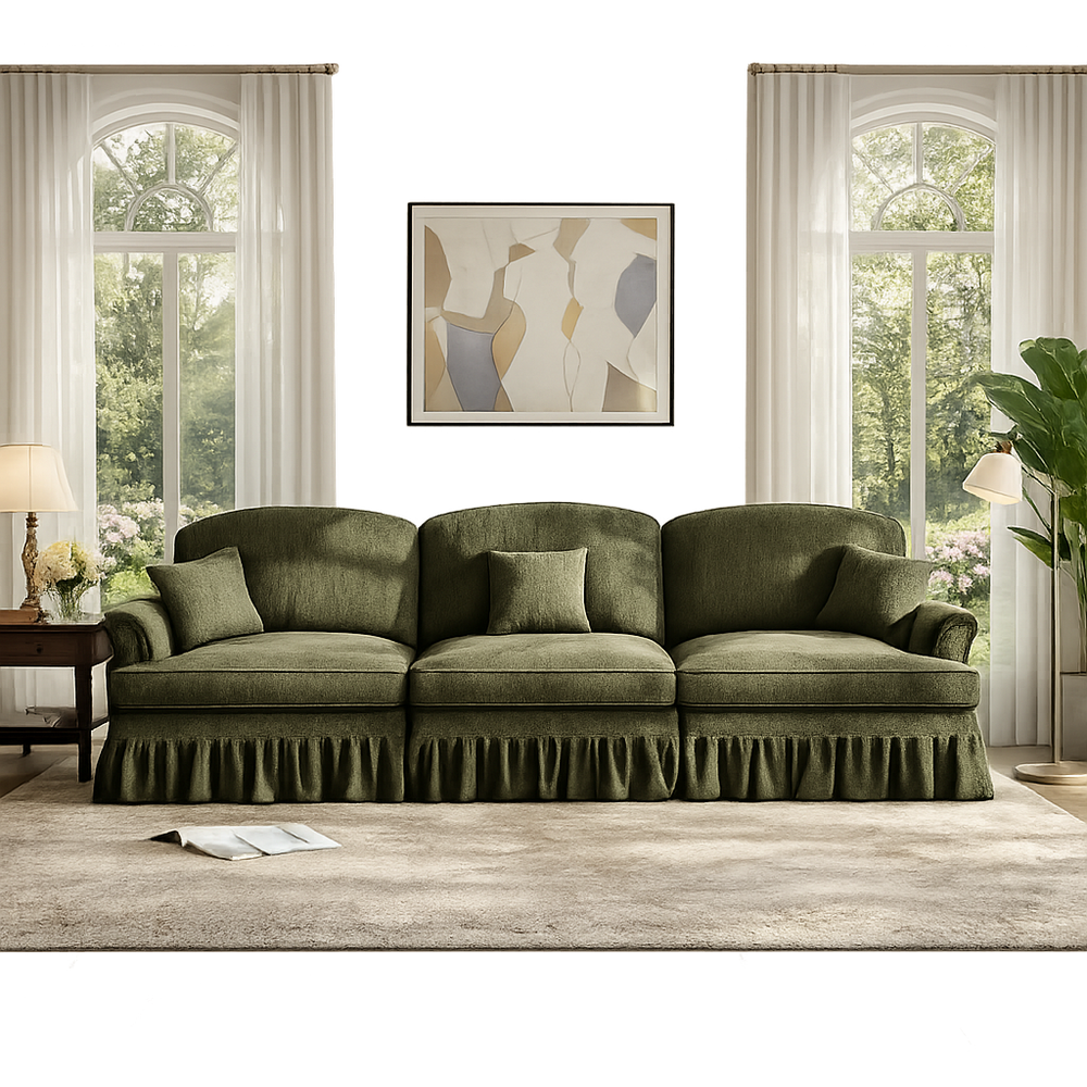 Luxury teak wood 3 seater sofa with olive green upholstery
