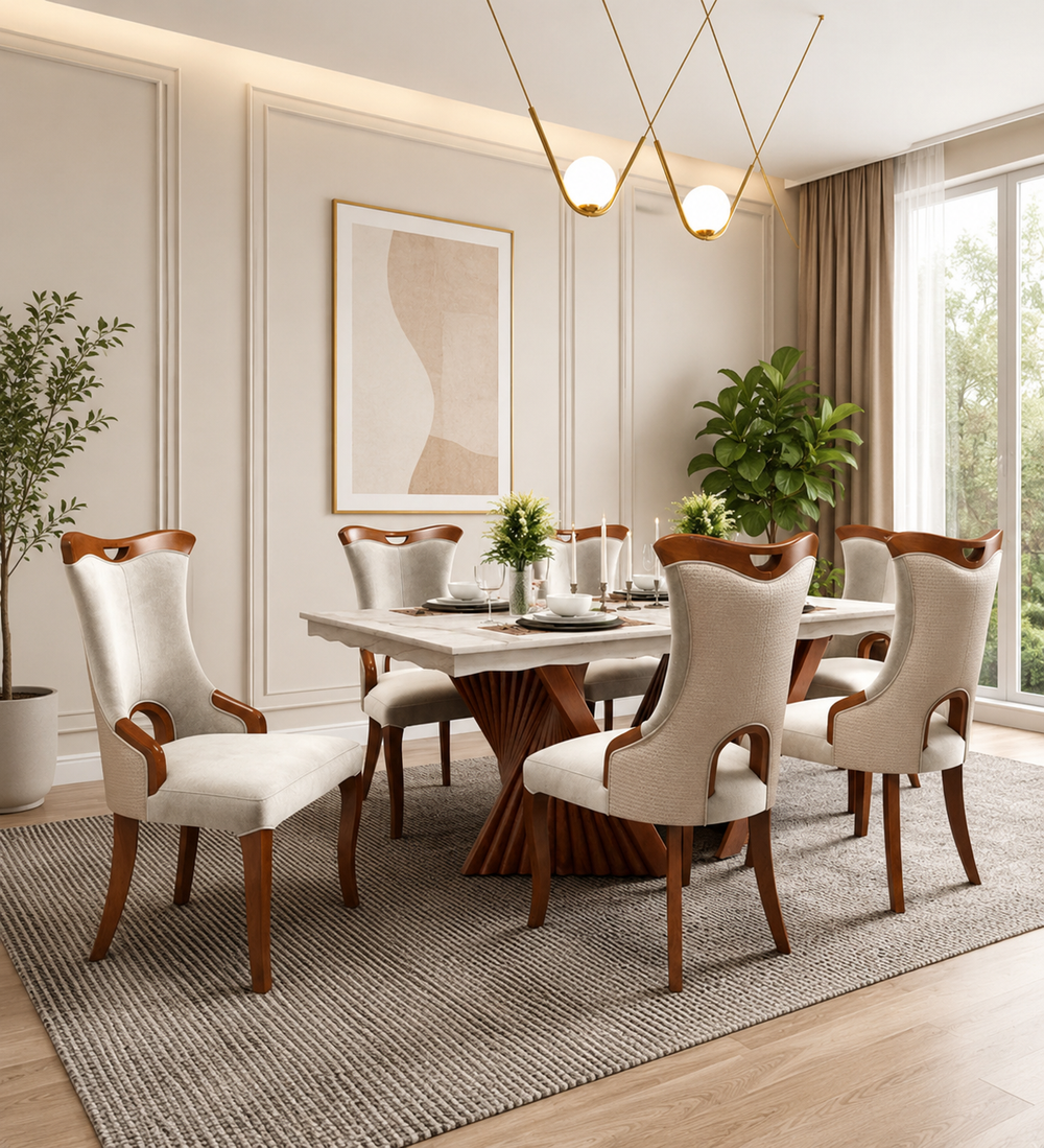 Luxury teak wood 6 seater dining table set with upholstered chairs
