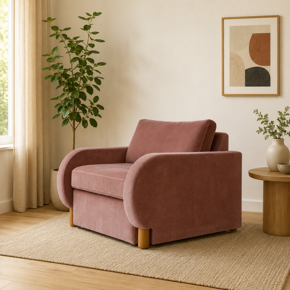 Luxury teak wood accent armchair with blush velvet upholstery
