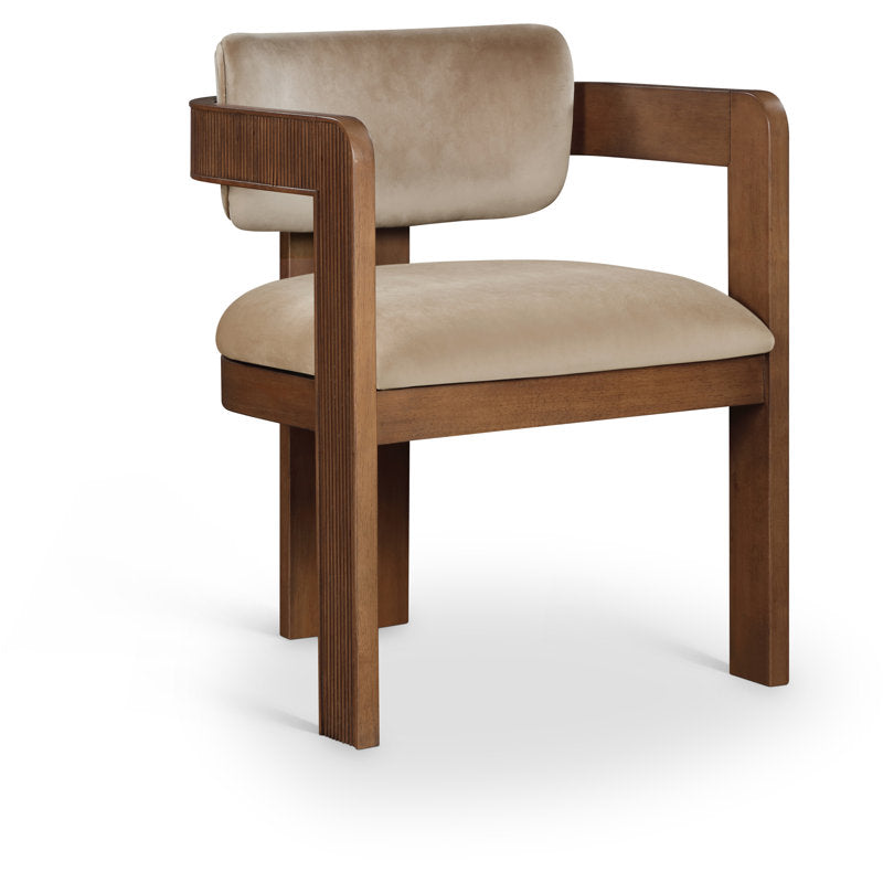 Contemporary teak wood upholstered chair with armrests