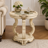 Luxury teak wood accent table with glass top