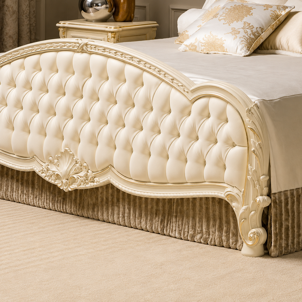 “Hand-carved royal teak wood king size bed design”
