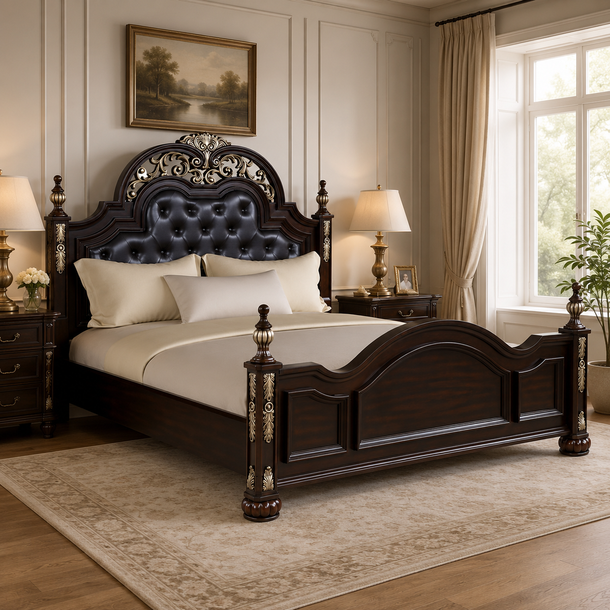 Luxury solid teak wood royal bed with upholstered headboard