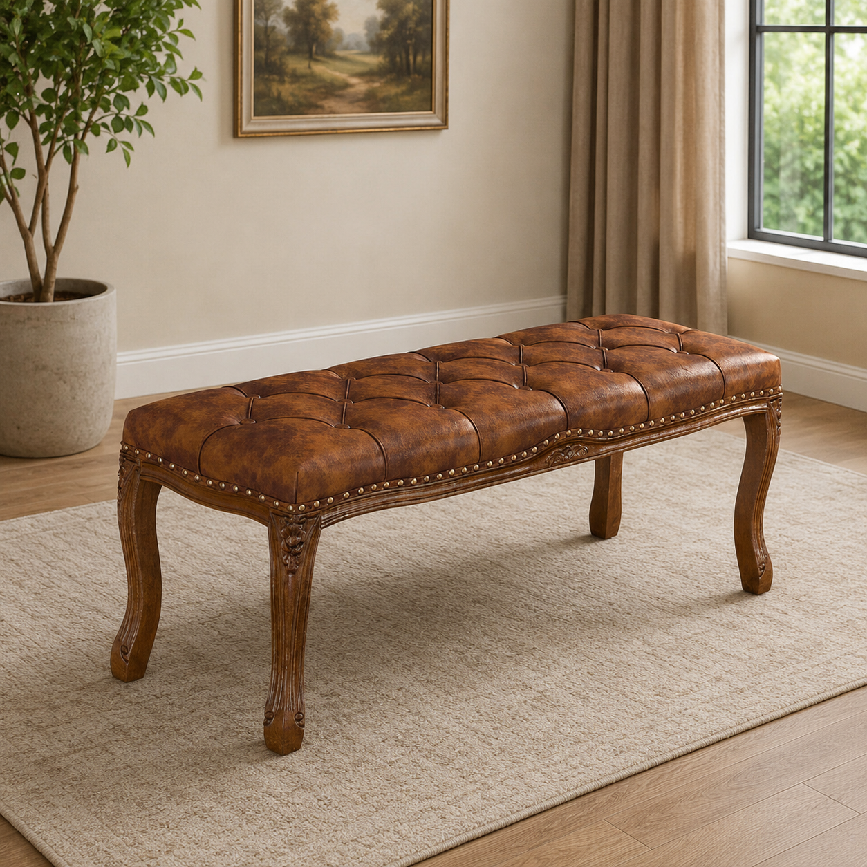 Luxury tufted teak wood bedroom bench