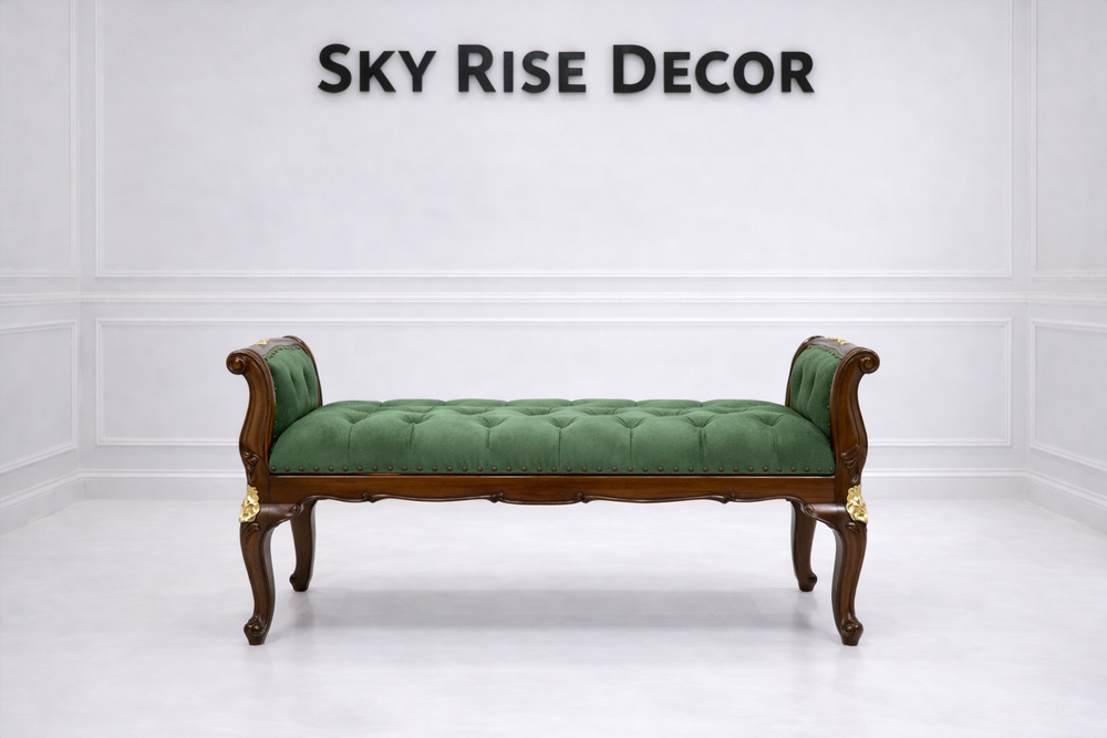 Solid teak wood upholstered bench with tufted seat for bedroom and entryway seating
