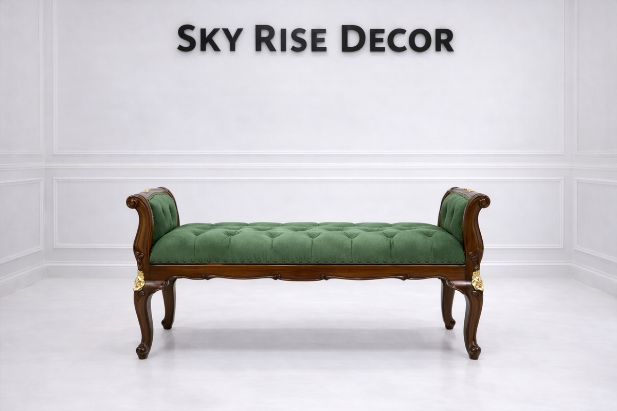 Solid teak wood upholstered bench with tufted seat for bedroom and entryway seating
