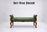 Solid teak wood upholstered bench with tufted seat for bedroom and entryway seating

