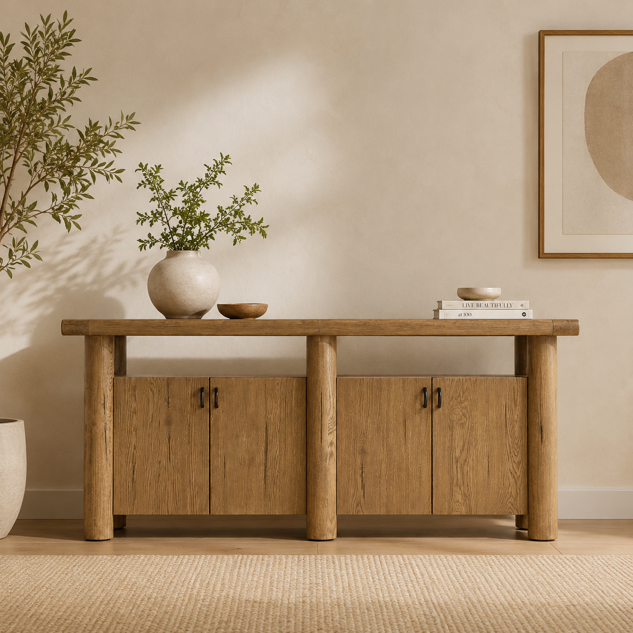 Solid teak wood modern sideboard cabinet with storage