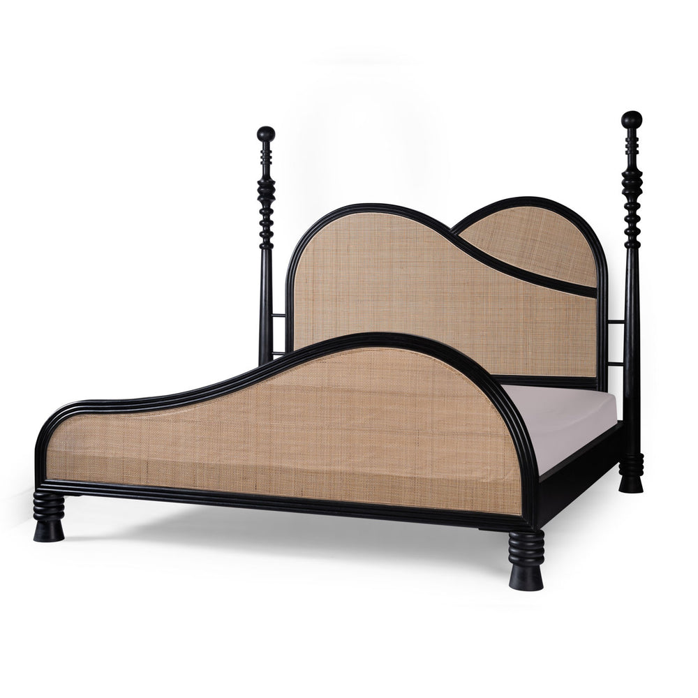 Handcrafted teak wood wave bed with cane detailing for luxury bedroom