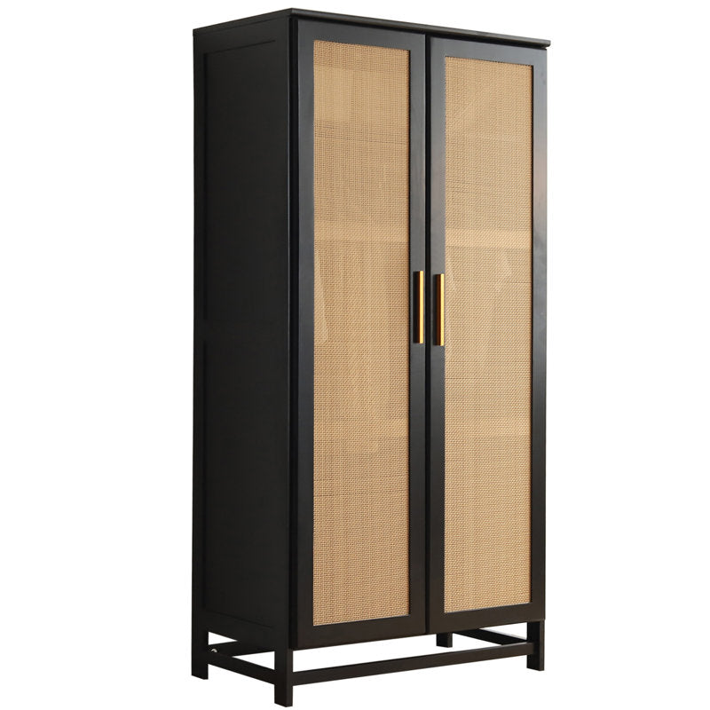 Scandinavian teak wood wardrobe with woven rattan front