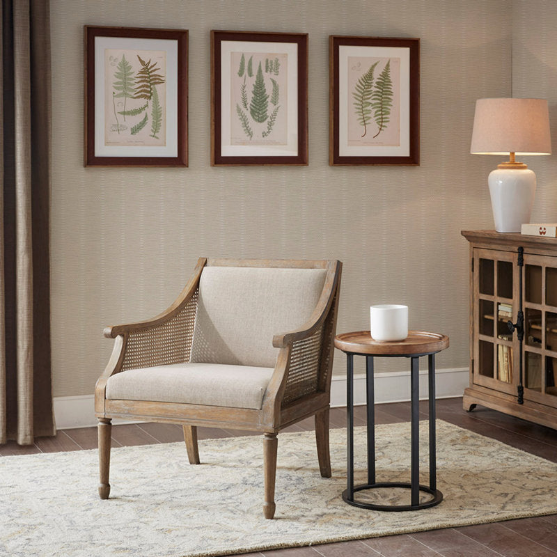 Luxury teak wood cane accent chair with curved arms