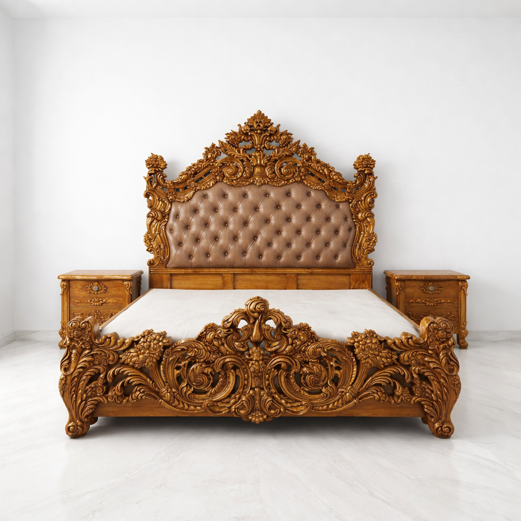 Luxury teak wood carved king size bed with 2 side tables
