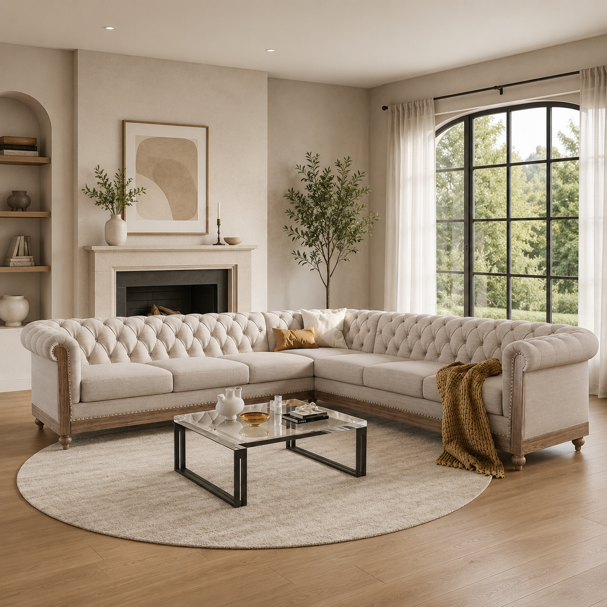 Luxury teak wood Chesterfield L shape sofa in modern living room