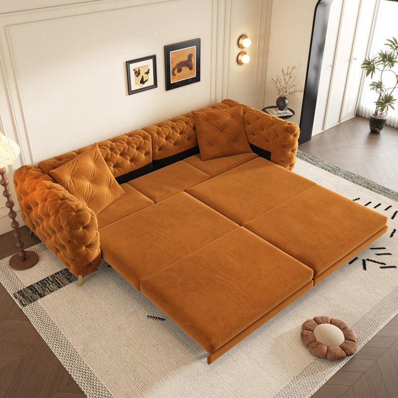 Modern orange velvet sofa crafted from solid teak wood