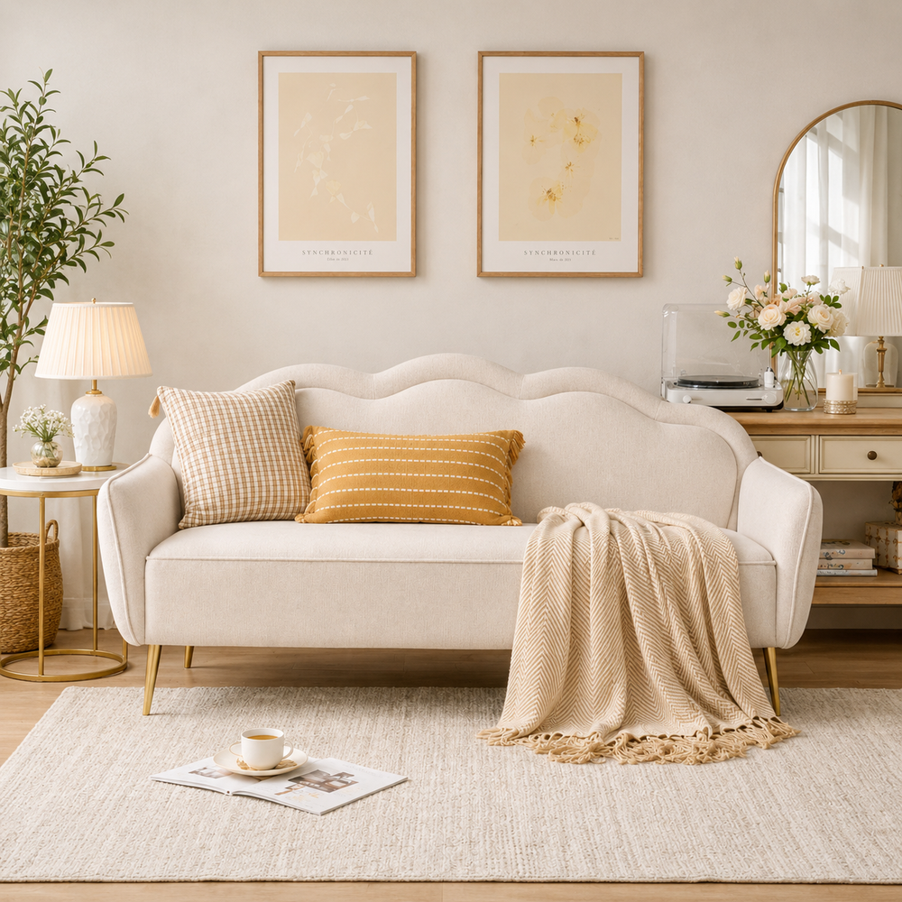 Luxury cream teak wood curved sofa for living room
