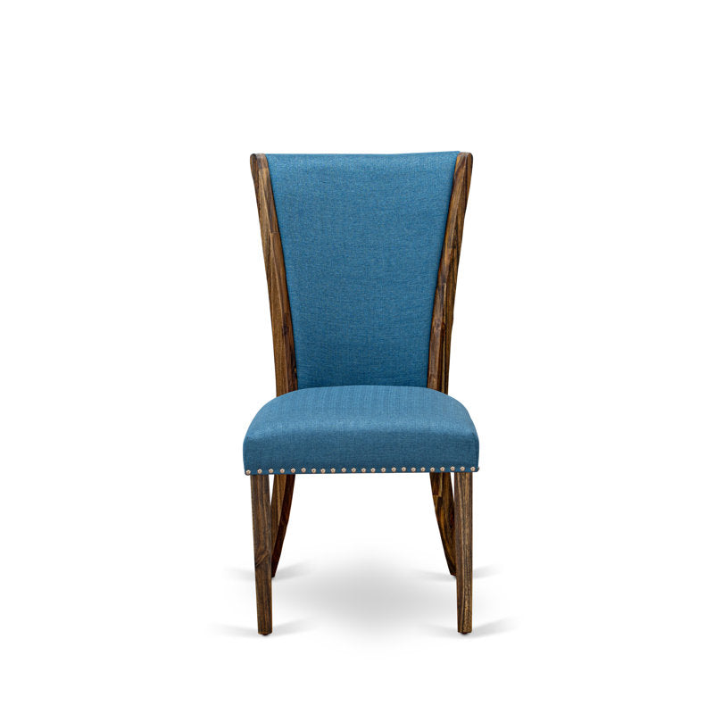 Handcrafted solid teak wood dining table with blue seating