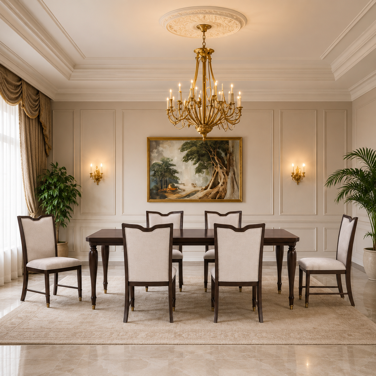 Luxury teak wood 6-seater dining table set with upholstered chairs
