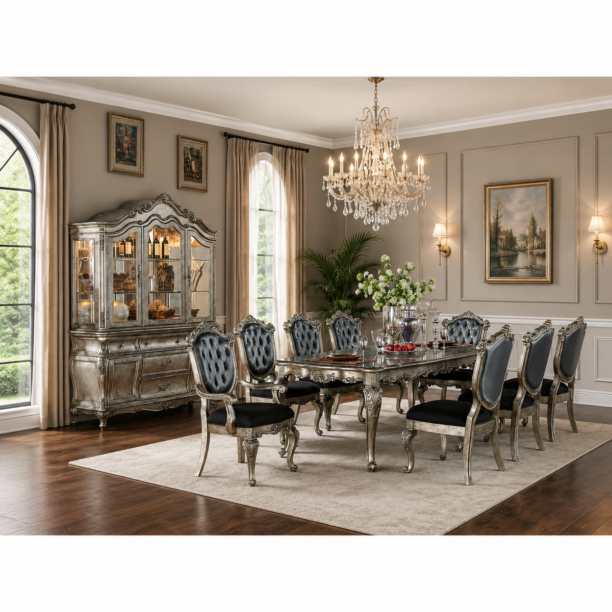 Luxury teak wood dining table set with royal upholstered chairs