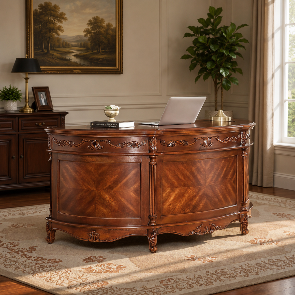 Luxury solid teak wood executive office desk with carved detailing