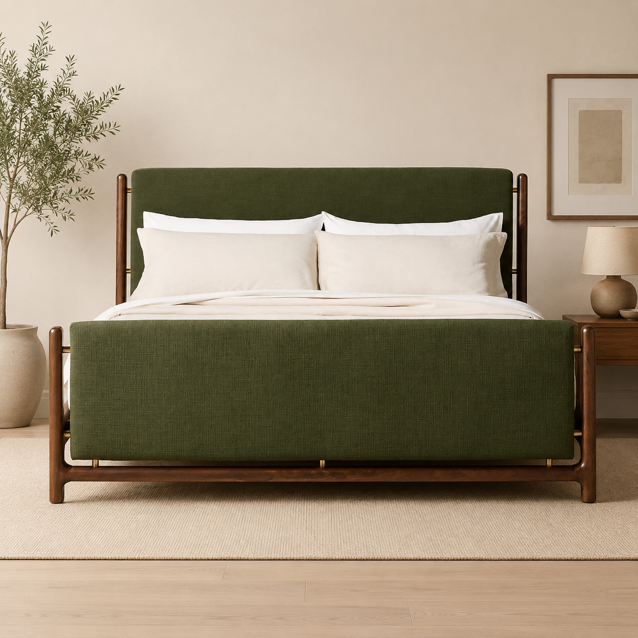 Solid teak wood upholstered bed with olive green fabric headboard