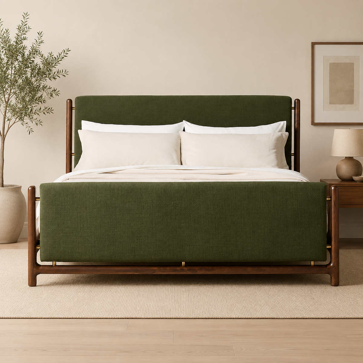 Solid teak wood upholstered bed with olive green fabric headboard