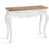 Luxury farmhouse console table with carved floral detailing
