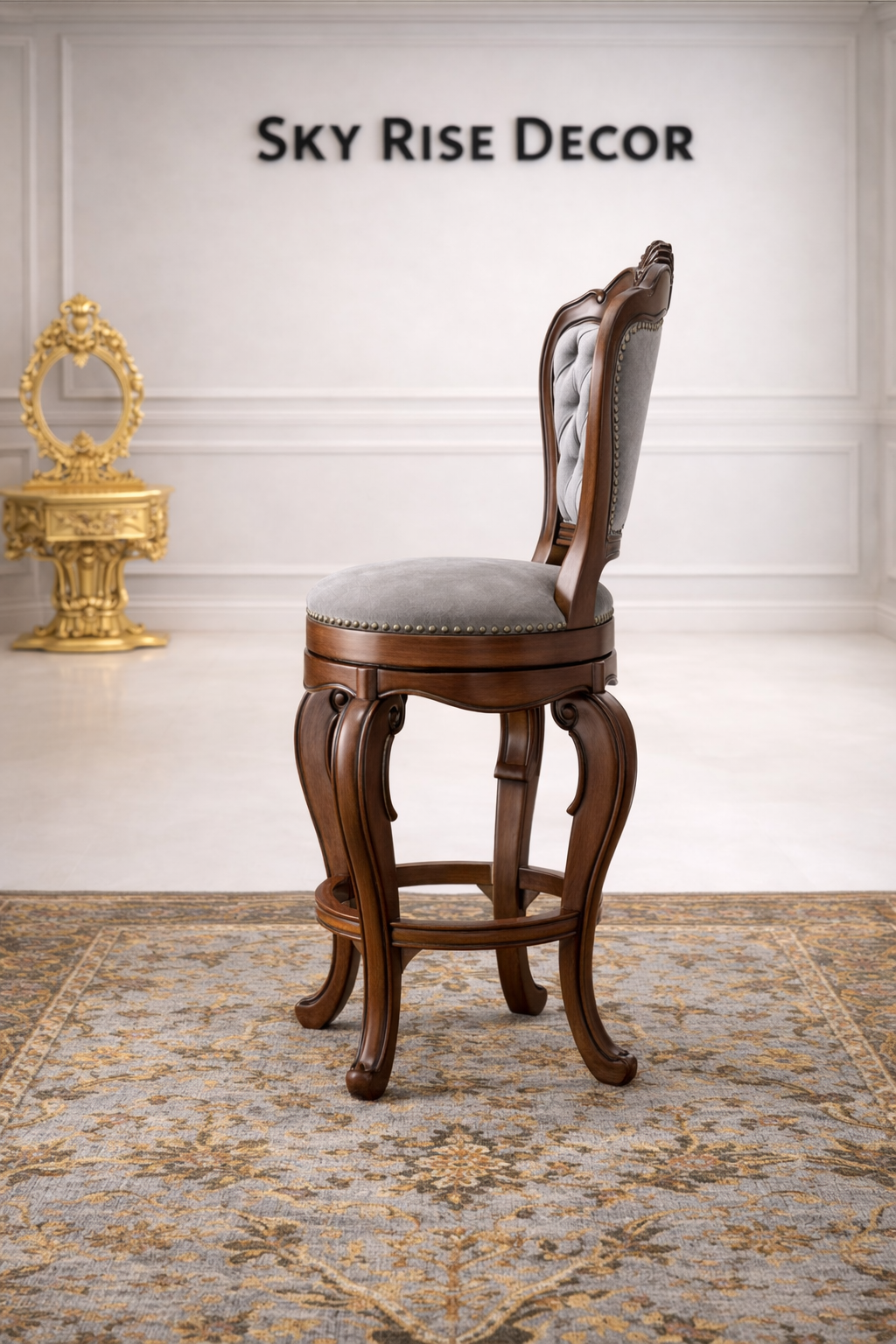Luxury teak wood kitchen island bar chair with upholstered seat and solid wood frame for modern interiors
