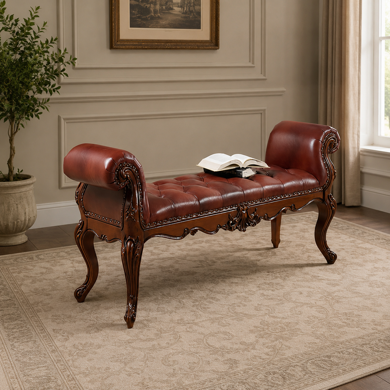 Luxury solid teak wood leather bedroom bench