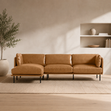 Luxury teak wood leather sectional sofa in tan brown