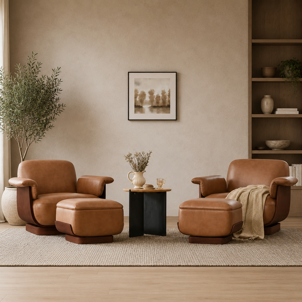 Luxury teak wood lounge chair set with ottoman