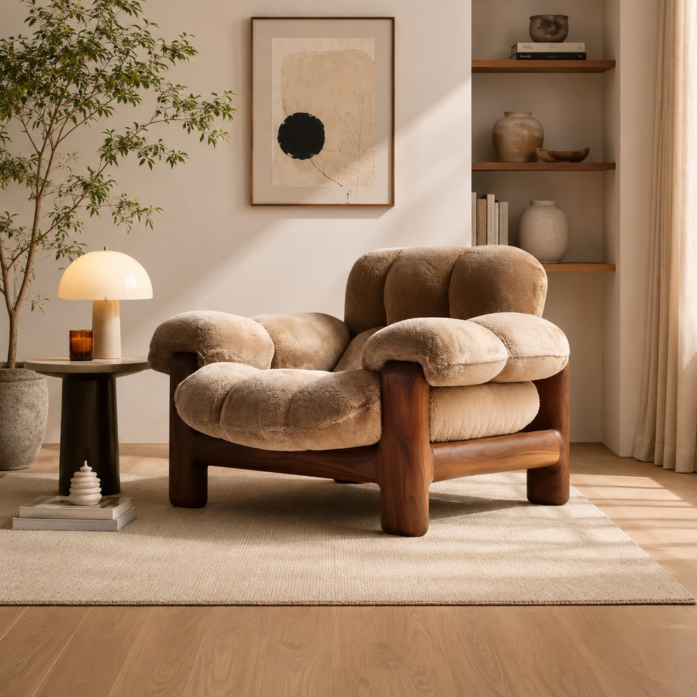 Luxury teak wood lounge chair with plush beige upholstery in modern living room.