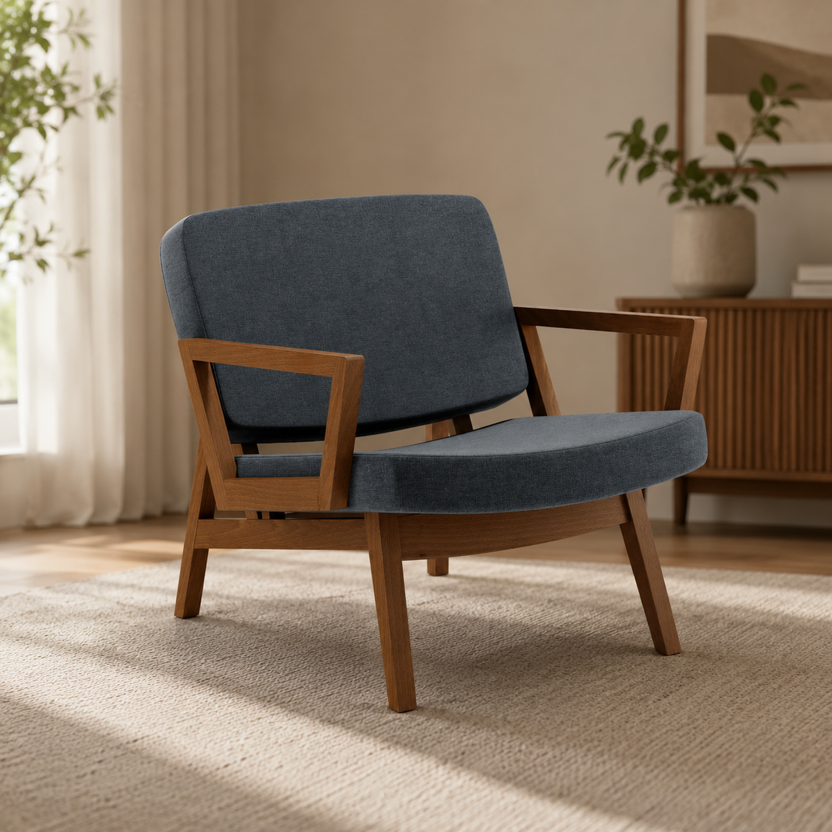 Luxury teak wood lounge chair with grey upholstered cushion