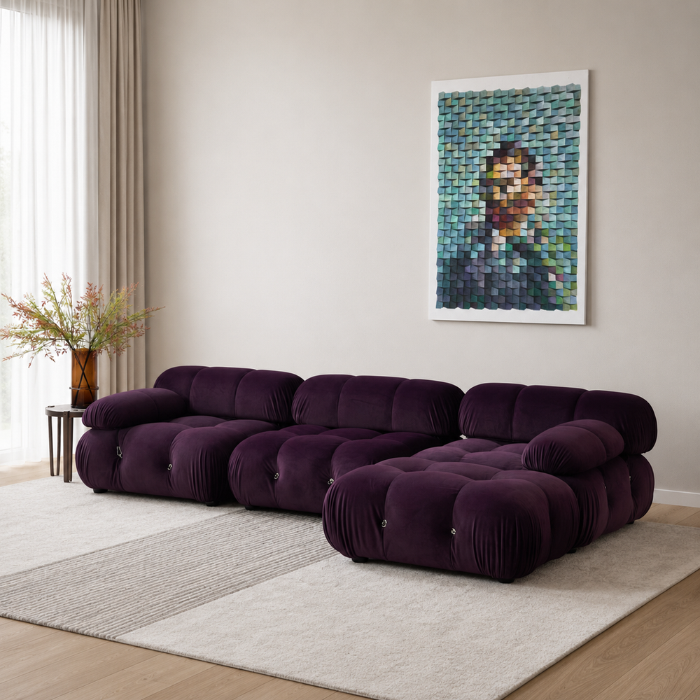 Luxury solid teak wood modular L-shape velvet sofa for modern living room.