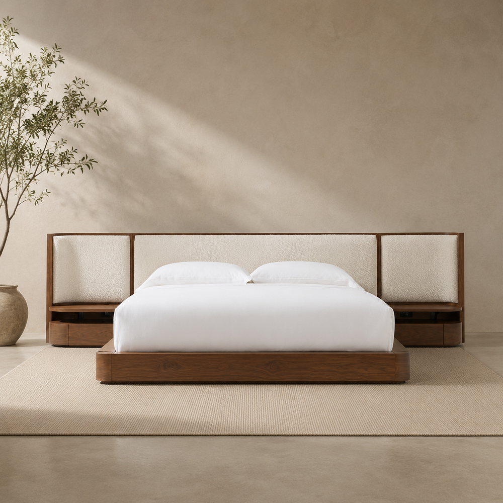 Luxury teak wood platform bed with upholstered headboard and side tables