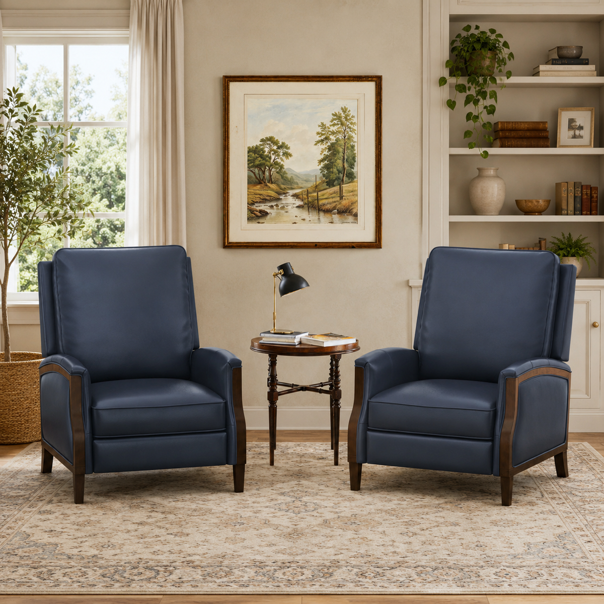 Teak wood blue upholstered lounge chair set by Sky Rise Decor