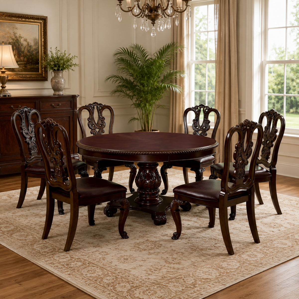 Luxury teak wood round dining table set with 6 carved chairs