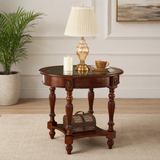 Luxury solid teak wood round side table with glass top and carved legs