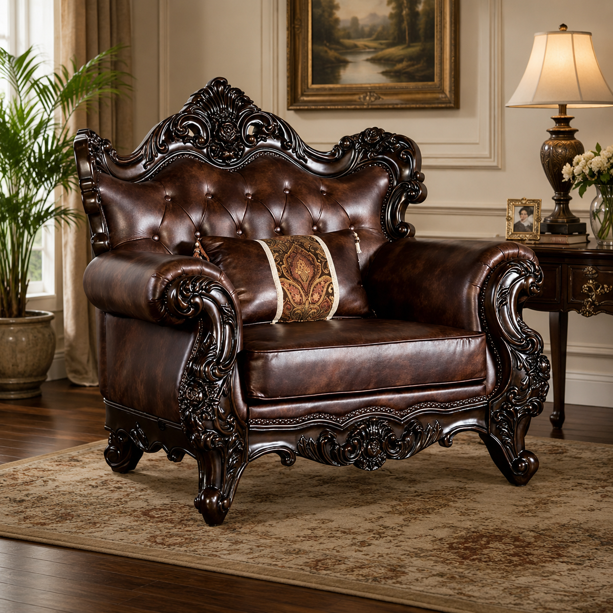 Luxury solid teak wood royal armchair with hand carved frame