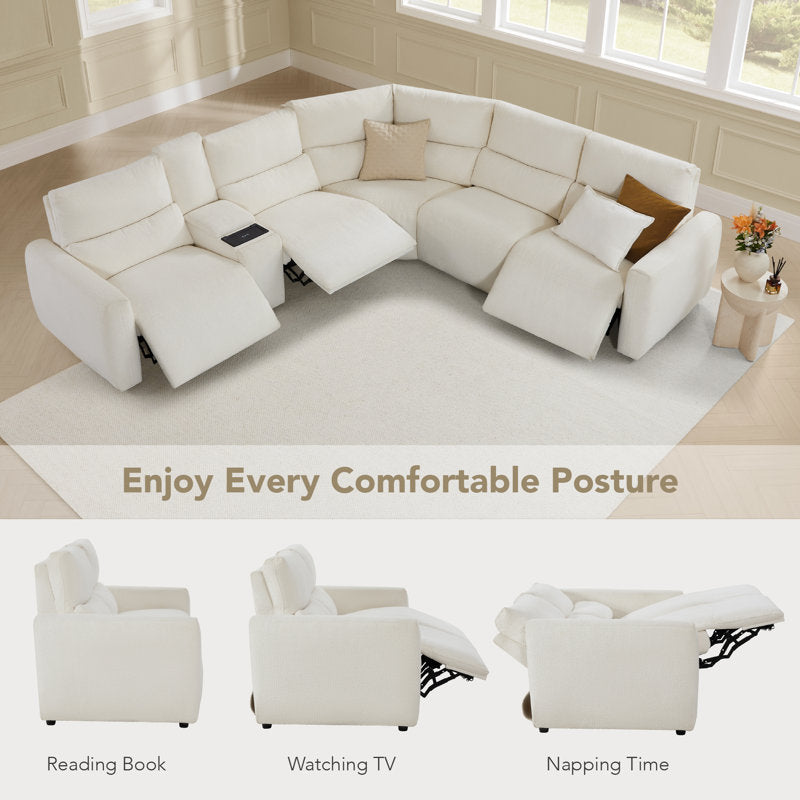 Cream curved corner sofa with plush cushions and teak wood base